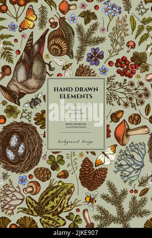 Geheimnisvolles Kartendesign mit Waldmuster. Handgezogener Wachsflügel, Schnecke, Nest, Schwimmbadfrosch, Moos, Fichtenzweig, Tannenzapfen, Kamille, Insekt, Espenpilz Stock Vektor