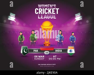 Women's Cricket League Konzept mit teilnehmenden Ländern Team of Pakistan vs Indien und 3D Gewinner Trophy Cup auf Stadium View. Stock Vektor
