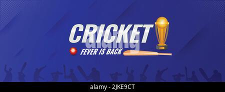 Cricket Fever is Back Schriftart mit 3D Red Ball, bat, Golden Winning Trophy Cup auf Blue Silhouette Spieler Hintergrund. Stock Vektor