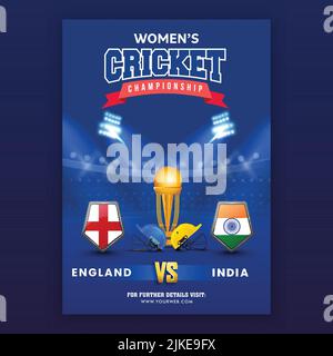Frauen Cricket Championship Flyer Design mit teilnehmenden Ländern Team of England gegen Indien, Flag Shield, Helme und 3D Golden Trophy Cup. Stock Vektor
