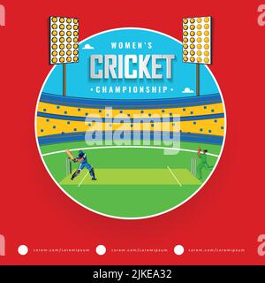 Konzept der Frauen-Cricket-Meisterschaft mit dem teilnehmenden Team India gegen Pakistan und Bowler, der Ball an Batter Player auf Stadium Red-Hintergrund wirft. Stock Vektor