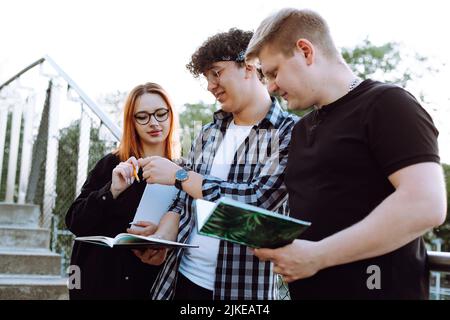 Konzentrierte Menschen in kleinen Gruppen, zwei Männer und Frauen, die Bücher benutzten und lasen, Notizen auf Treppen schrieben. Die Schüler machen Hausaufgaben Stockfoto