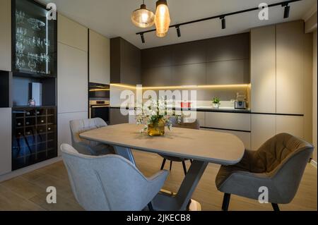 Große moderne graue luxuriöse Küche und Esszimmer im Studio-Apartment Stockfoto