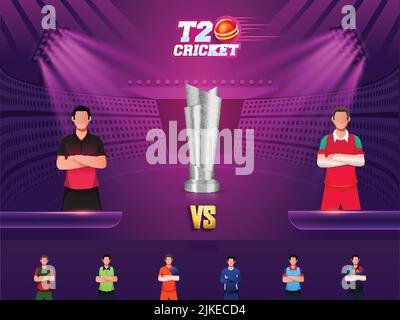 T20 Cricket Match zwischen Papua-Neuguinea und Oman Spielern mit anderen Ländern Cricketspieler und 3D Silber Gewinner Trophäe auf Purple Stadium Hintergrund. Stock Vektor