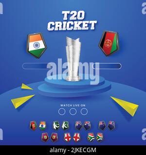 Live-Show der T20 Cricket Match teilnehmenden Länder Flag Shield mit Indien VS Afghanistan Highlights und 3D Silber Trophy Cup auf Blue Backgro Stock Vektor