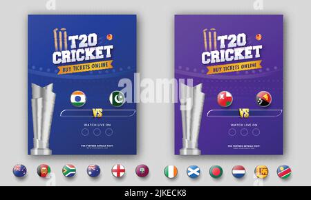 T20 Cricket Match Vorlage oder Flyer Design mit teilnehmenden Ländern Flag Badge, 3D Silber Gewinner Trophy in Blau und Lila Farboptionen. Stock Vektor