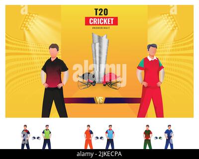 T20 Cricket Match zwischen Papua-Neuguinea und Oman Spielern mit anderen Ländern Cricketspieler und 3D Silber Gewinner Trophäe auf Gelb und Weiß Stadion Ba Stock Vektor