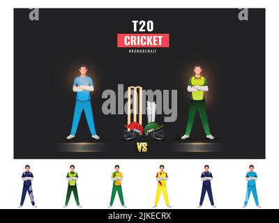 T20 Cricket Match Teilnehmerländer Spieler mit Afghanistan gegen Pakistan Highlights auf Schwarz-Weiß Hintergrund. Stock Vektor