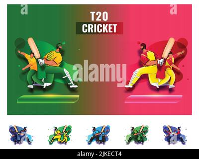 T20 Cricket Match Teilnehmende Länder Teams mit Südafrika vs West Indies Highlights auf grünem und rotem Hintergrund. Stock Vektor