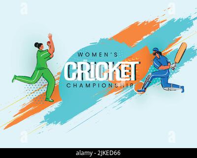Text zur Cricket-Meisterschaft der Frauen mit dem teilnehmenden Team India VS Pakistan und dem Pinselstampfer-Effekt auf blauem Hintergrund. Stock Vektor