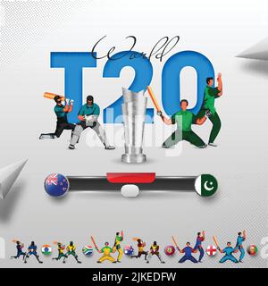 T20 World Cricket Match Teilnehmerländer Teams mit Neuseeland gegen Pakistan Highlights und 3D Silver Trophy Cup auf grauem Hintergrund. Stock Vektor