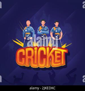 Sticker Style Cricket Font Mit Gesichtslosen Indien Cricketer Spieler Auf Blue Halbton Effekt Hintergrund. Stock Vektor