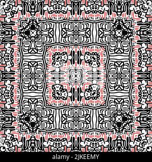 Rot-schwarzes, nahtlos Arabeske Mosaik-Bandana-Muster. Moderner maskuliner Halstuch mit geometrischem Schals-Druck, abstrakter Grafikmode und Tapetenkunst Stockfoto