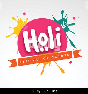 Indisches Fest der Farben, Happy Holi Aufkleber mit Holi Text und Farbflecken. Stock Vektor