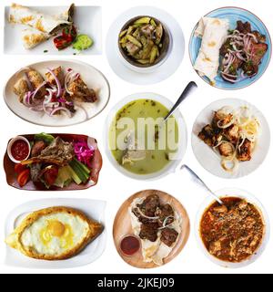 Sammlung von verschiedenen traditionellen georgischen Gerichten auf weiß isoliert Stockfoto