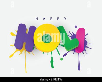 3D Bunte Holi-Schrift und Farbspritzereffekt auf weißem Hintergrund. Stock Vektor