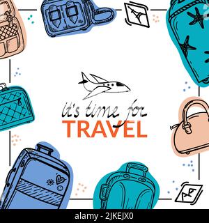 Banner-Vorlage für Reisewerbung. Handgezeichnete Koffer, Taschen, Rucksack, Valise, Handgepäck im Sketch-Stil. Zeit zum Reisen. Handgeschriebene Schriftzüge. Stock Vektor