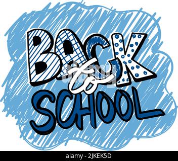 Handgeschriebener Schriftzug „Back to School“. Klassen. Vektorgrafik „Doodle“. Buchstaben mit unterschiedlichen Mustern. Graffiti. Monochrome Farbpalette. Vektorgrafik Stock Vektor