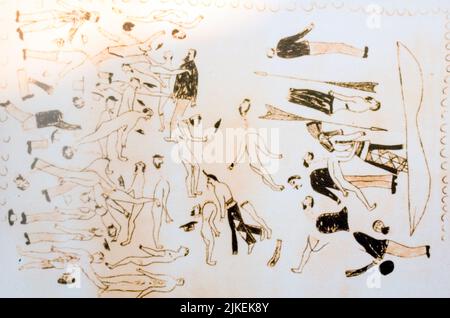 Ledger-Kunst, die einen Sieg gegen General Custer und seine Truppen für die Indianer Sioux, Cheyenne und Arapaho darstellt, die ihr Land verteidigten. Stockfoto