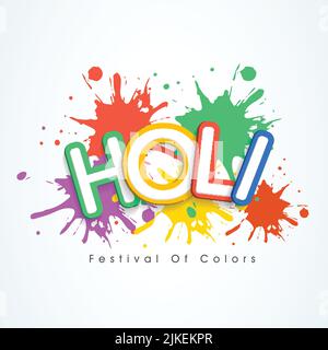 Indisches Fest der Farben, Happy Holi Text mit Wasserfarben Flecken vor weißem Hintergrund. Stock Vektor