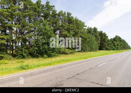 Asphaltierte Straße für den Autoverkehr, Straße für Fahrzeuge durch einen Mischwald mit Bäumen im Sommer Stockfoto