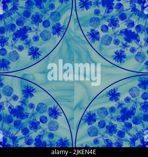 Verschmiertes blaues, handgemaltes Mandala-Viertel in Wasserfarbe auf einem hellgrünen, wirbelnden Hintergrund, Nahaufnahme eines sich nahtlos wiederholenden Musters. Stockfoto