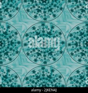 Monochrom grün handbemalt Aquarell Mandala nahtlose Wiederholung Muster auf einem Marmor-Hintergrund. Stockfoto
