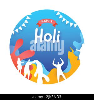 Happy Holi-Begrüßungskonzept Mit Silhouette-Menschen Genießen, Malen Splash-Effekt Auf Blauem Und Weißem Hintergrund. Stock Vektor