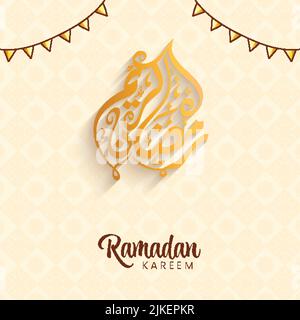 Arabische Kalligraphie Von Ramadan Kareem Mit Bunting Flags Verziert Auf Pastell Orange Islamischen Geometrischen Mandala Hintergrund. Stock Vektor