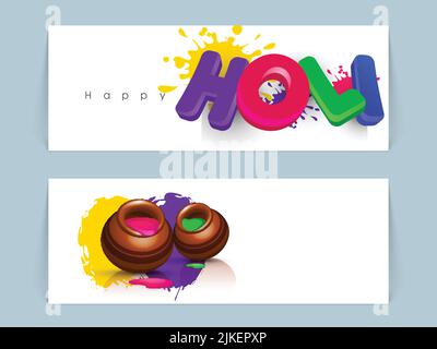 3D Bunte Holi-Schrift mit Schlammtopf voller flüssiger Farben und Splatter-Effekt auf weißem Hintergrund. Set von Indian Festival of Colors Banner oder Header D Stock Vektor