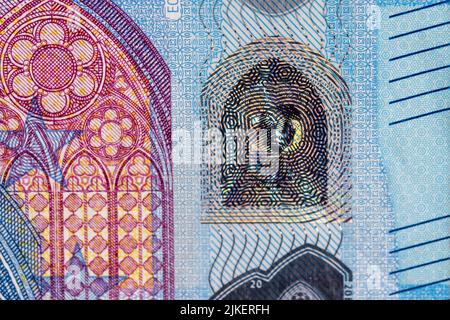 Details von Bargeld zwanzig Euro der Europäischen Union, Bargeld europäischen Euro Nennwert 20 Nahaufnahme Stockfoto