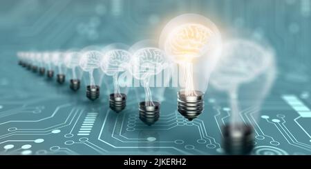 Glühbirnen mit Gehirn innen und glühen eine andere Idee auf sauberen Hintergrund. Business Bright Idee Konzept. 3D Rendern. Stockfoto