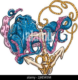 Handgezeichnete Oktopusse, versunkene Anker, Muscheln, Wasserunkräuter und Seepferde. Attribute Des Meeresbodens Stock Vektor