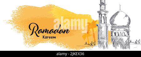 Ramadan Kareem Banner Oder Header-Design Mit Skizzenmoschee, Palmenbaum Und Orange Brush Grunge-Effekt Auf Weißem Hintergrund. Stock Vektor