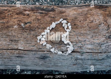 Herz aus Steinmuscheln auf sandigen Strand Holzbalken Stockfoto