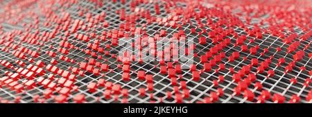 Red Cube Partikel- und Leitungsverbindung. Kryptowährung, Big Data, Blockchain und digitale Technologie. Abstrakter Netzwerkhintergrund. 3D Rendern Stockfoto