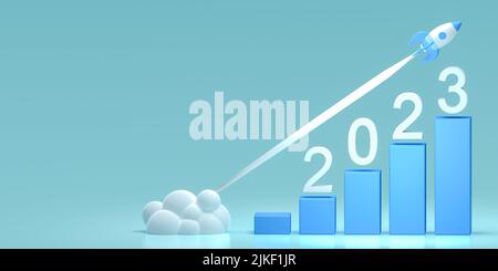 Reaktives, schnelles Wachstum der Wirtschaftsindikatoren im Jahr 2023. Wirtschafts- und Finanzwachstum im Jahr 2023. Raketenschnelles Wachstumsdiagramm für 2023. Datenanalyse. Finanzwesen Stockfoto