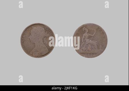 1892 Queen Victoria British One Penny Münze, vorne und hinten Stockfoto