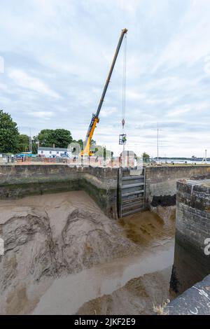 Reparaturen an Schleusentoren von Lydney Harbour. Die Meerestore sind seit langer Zeit gebrochen und werden endlich repariert. Stockfoto