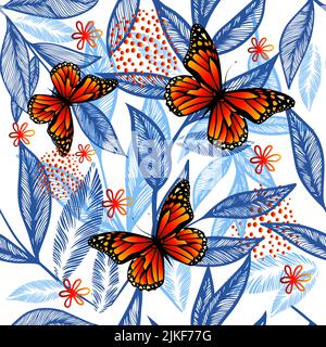 Nahtloses Muster mit blauen und orangen Blättern. Vektorgrafik Stock Vektor