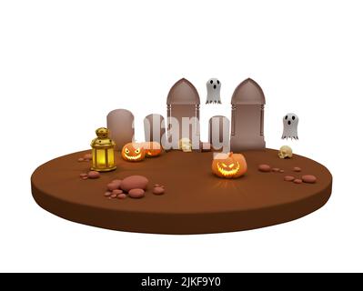3D Illustration von Halloween Kürbis Laterne, Grabstein und weißem Geist, Halloween Hintergrund Szene Design Element Stockfoto