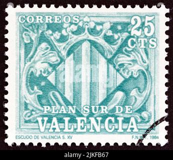 VALENCIA - UM 1984: Eine in Spanien gedruckte Briefmarke zeigt Schild von Valencia aus dem 15.. Jahrhundert, um 1984. Stockfoto