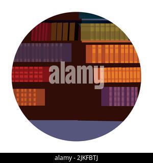 Alter Assistent und Lesebuch im Hintergrund der Bibliothek. Hexer, Zauberer, alter Bartmann in blauer Zaubererrobe, Hut. Stock Vektor