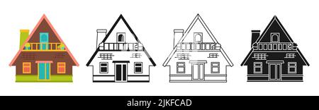 Haus vorne flach Cartoon oder gravierte Tintenstempel oder lineare Doodle Design-Set. Moderne, gemütliche Gebäude. Dorf- oder Stadtfassade, kleine und kleine Häuser. Wohn-Gehöft, Ferienhaus oder Villa Wohnung Stock Vektor