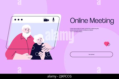 Landing Web Page Vorlage von Ältesten chatten auf Videoanruf. Ältere Menschen, die zu Hause Online-Meetings abhalten. Flache Grafik. Stockfoto