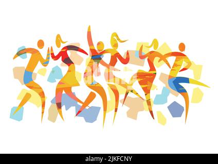 Tanzende Paare, Sommerdisco-Party, moderner Tanz. Ausdrucksstarke, farbenfrohe Illustration von drei Disco-Tanzpaaren auf farbenfrohem abstraktem Hintergrund. Stock Vektor