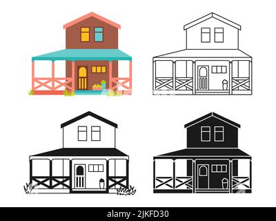 Haus vorne flach Cartoon oder graviert, Tintenstempel oder lineare Doodle Set. Vintage Dorf Fassade, kleine und kleine Häuser, ländliche gemütliche Gebäude. Wohnsiedlung, Ferienhaus oder Villa Apartment Design Stock Vektor