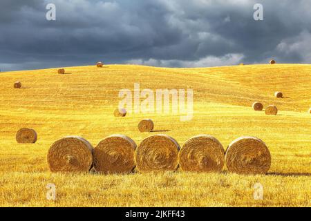 Heuballen auf dem Feld bei Sonnenuntergang in der Toskana, Italien Stockfoto