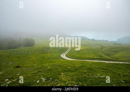 Col De La Cayolle. Unbefestigte Straße, die sich während des Nebels in den französischen Alpen in den Bergen windet Stockfoto