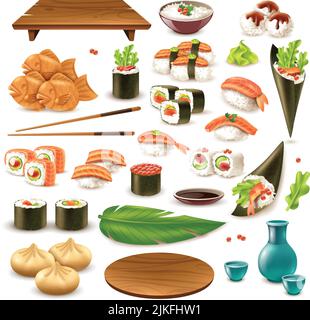 Japanisches Essen inklusive Sushi, Sake, Reis in Schüssel, Knödel, Wasabi, sojasoße isoliert Vektor-Illustration Stock Vektor